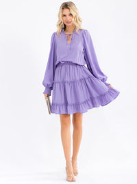 WOMEN'S LONG SLEEVE V-NECK ELASTIC WAIST TIERED MINI DRESS