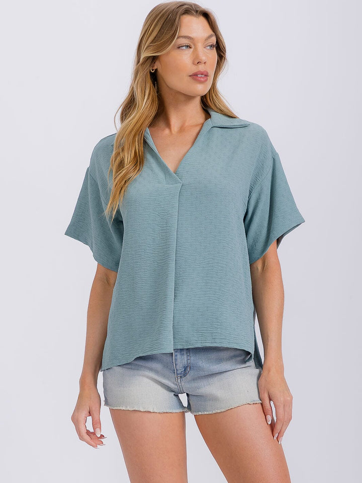 WOMEN'S SHORT SLEEVE V-NECK HIGH-LOW BLOUSE