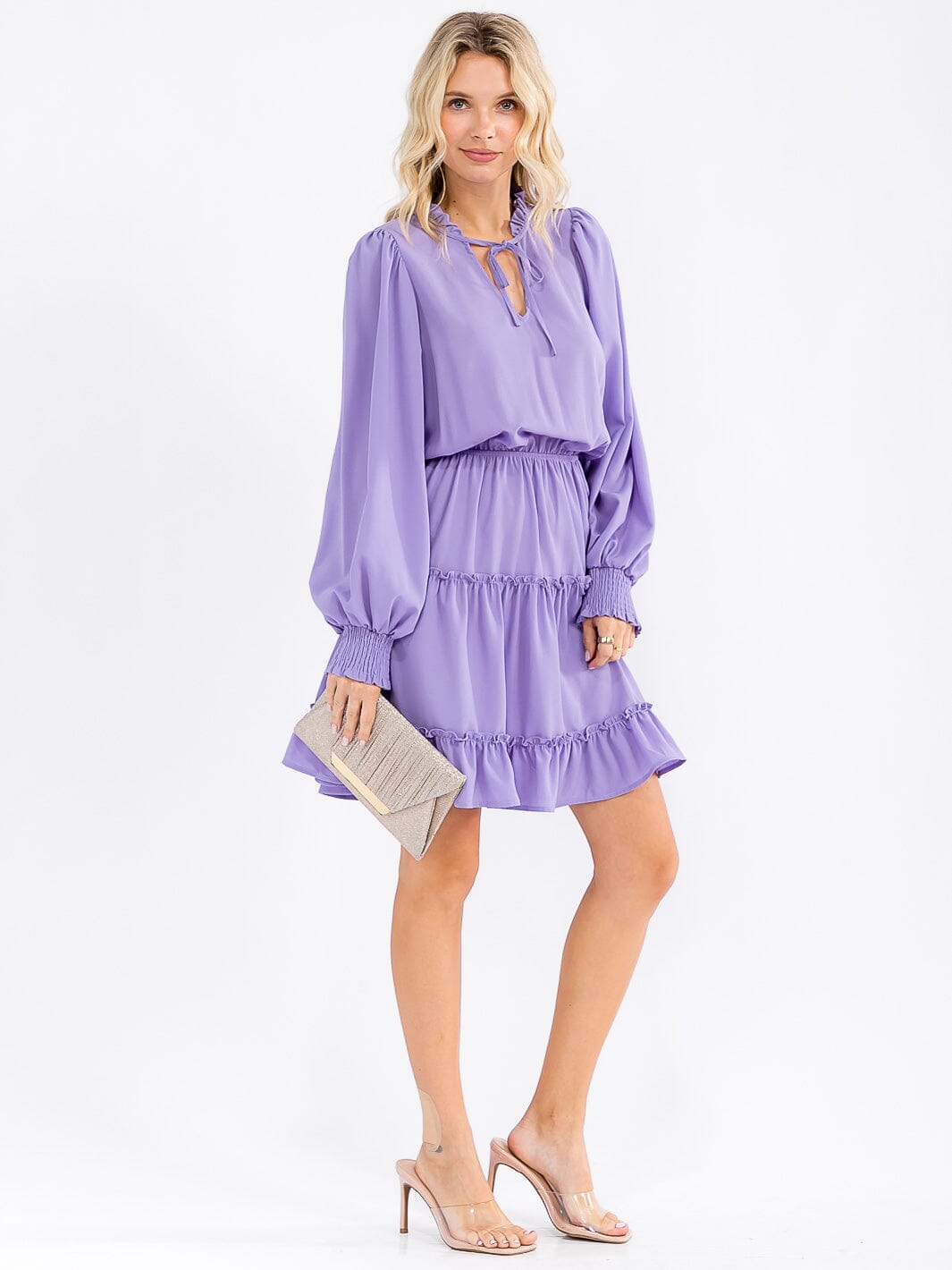 WOMEN'S LONG SLEEVE V-NECK ELASTIC WAIST TIERED MINI DRESS