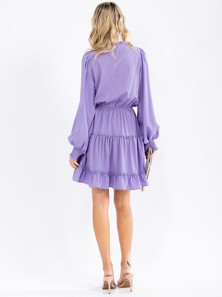 WOMEN'S LONG SLEEVE V-NECK ELASTIC WAIST TIERED MINI DRESS