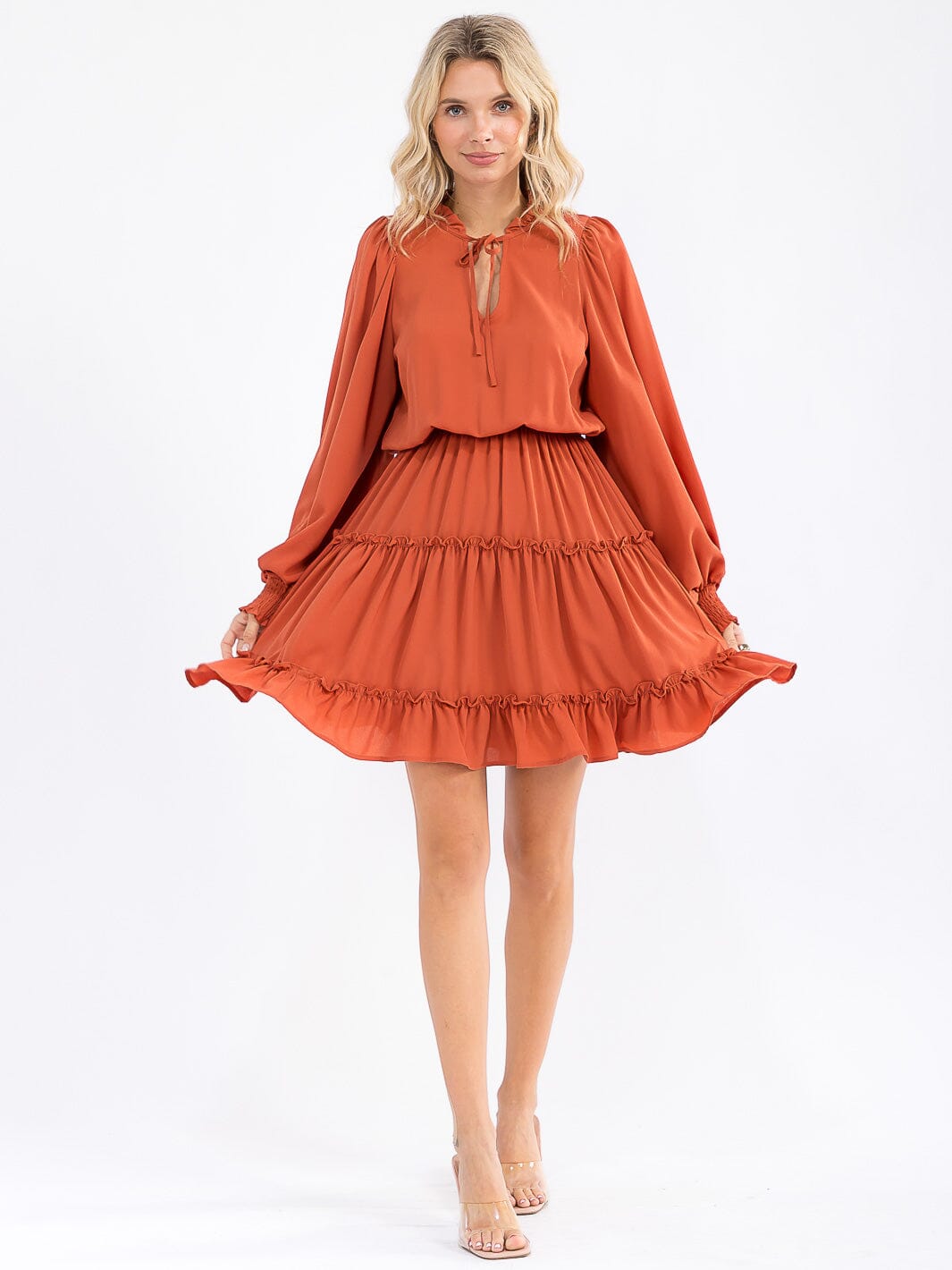 WOMEN'S LONG SLEEVE V-NECK ELASTIC WAIST TIERED MINI DRESS