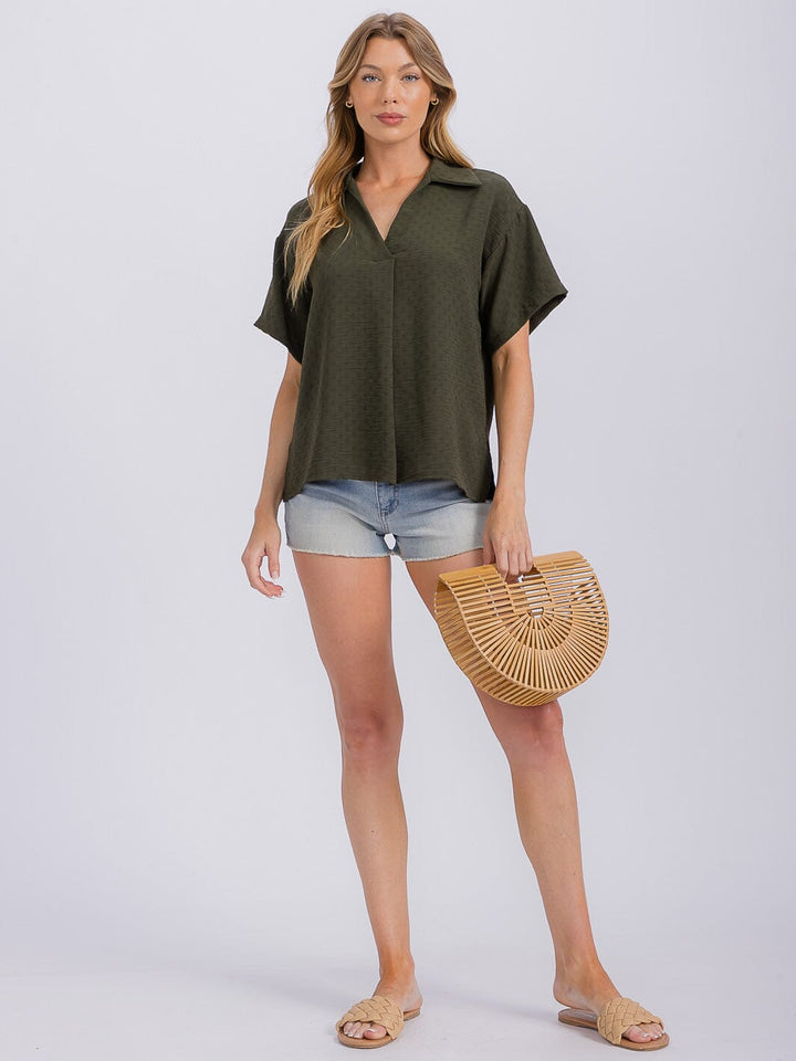 WOMEN'S SHORT SLEEVE V-NECK HIGH-LOW BLOUSE