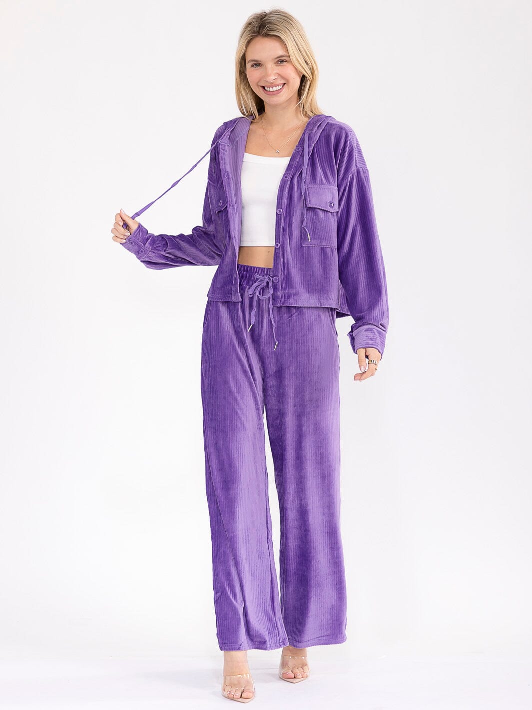 WOMEN'S LONG SLEEVE HOODED SWEATER & WIDE LEG PANTS SOLID RIBBED 2PC. SET