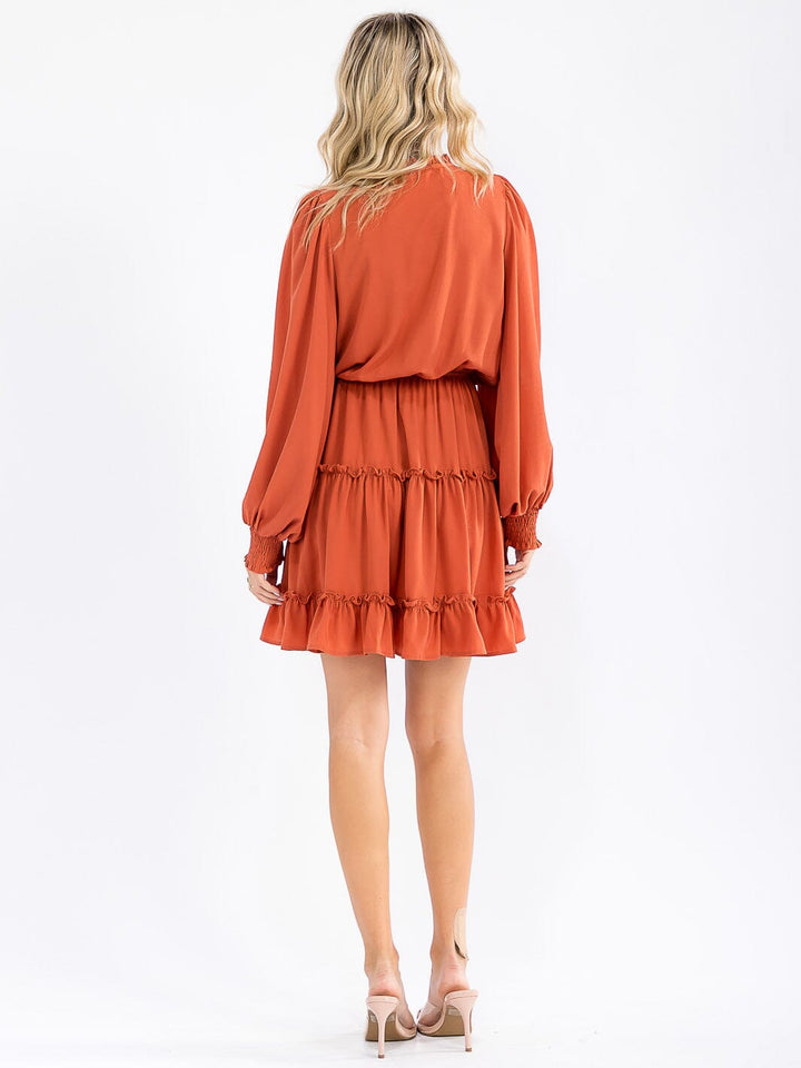 WOMEN'S LONG SLEEVE V-NECK ELASTIC WAIST TIERED MINI DRESS