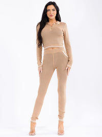 WOMEN'S LONG SLEEVE V-NECK TOP & ELASTIC WAIST SKINNY PANTS KNITTED 2PC. SET
