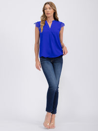 WOMEN'S RUFFLE SLEEVE V-NECK SOLID BLOUSE