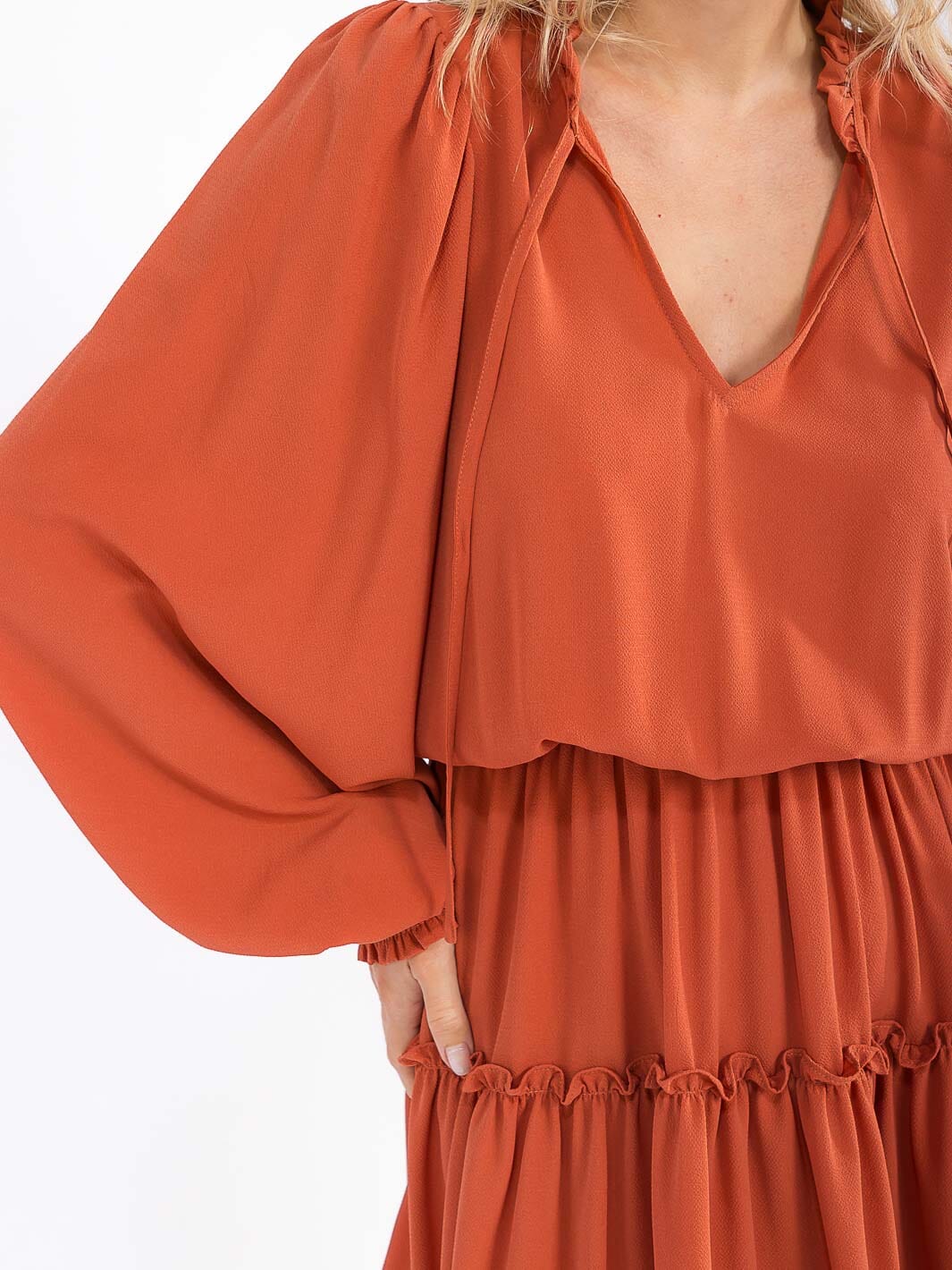 WOMEN'S LONG SLEEVE V-NECK ELASTIC WAIST TIERED MINI DRESS