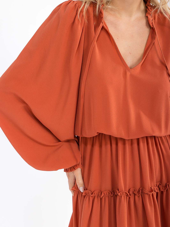 WOMEN'S LONG SLEEVE V-NECK ELASTIC WAIST TIERED MINI DRESS