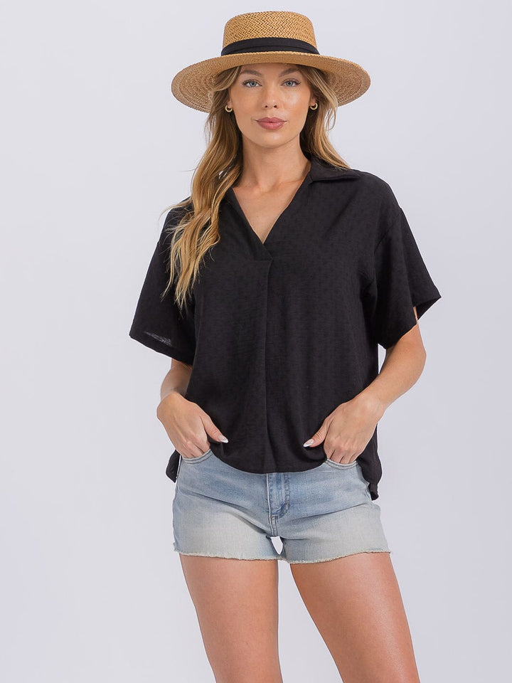 WOMEN'S SHORT SLEEVE V-NECK HIGH-LOW BLOUSE