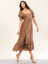 WOMEN'S SHORT PUFF SLEEVE SQUARE NECK CROCHET SMOCK TIERED MAXI DRESS
