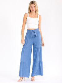 WOMEN'S ELASTIC WAIST SELF TIE WIDE LEG PALAZZO CHAMBRAY PANTS