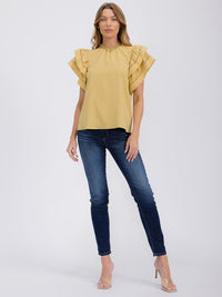 WOMEN'S SHORT RUFFLE SLEEVE TRIM DETAILED BLOUSE