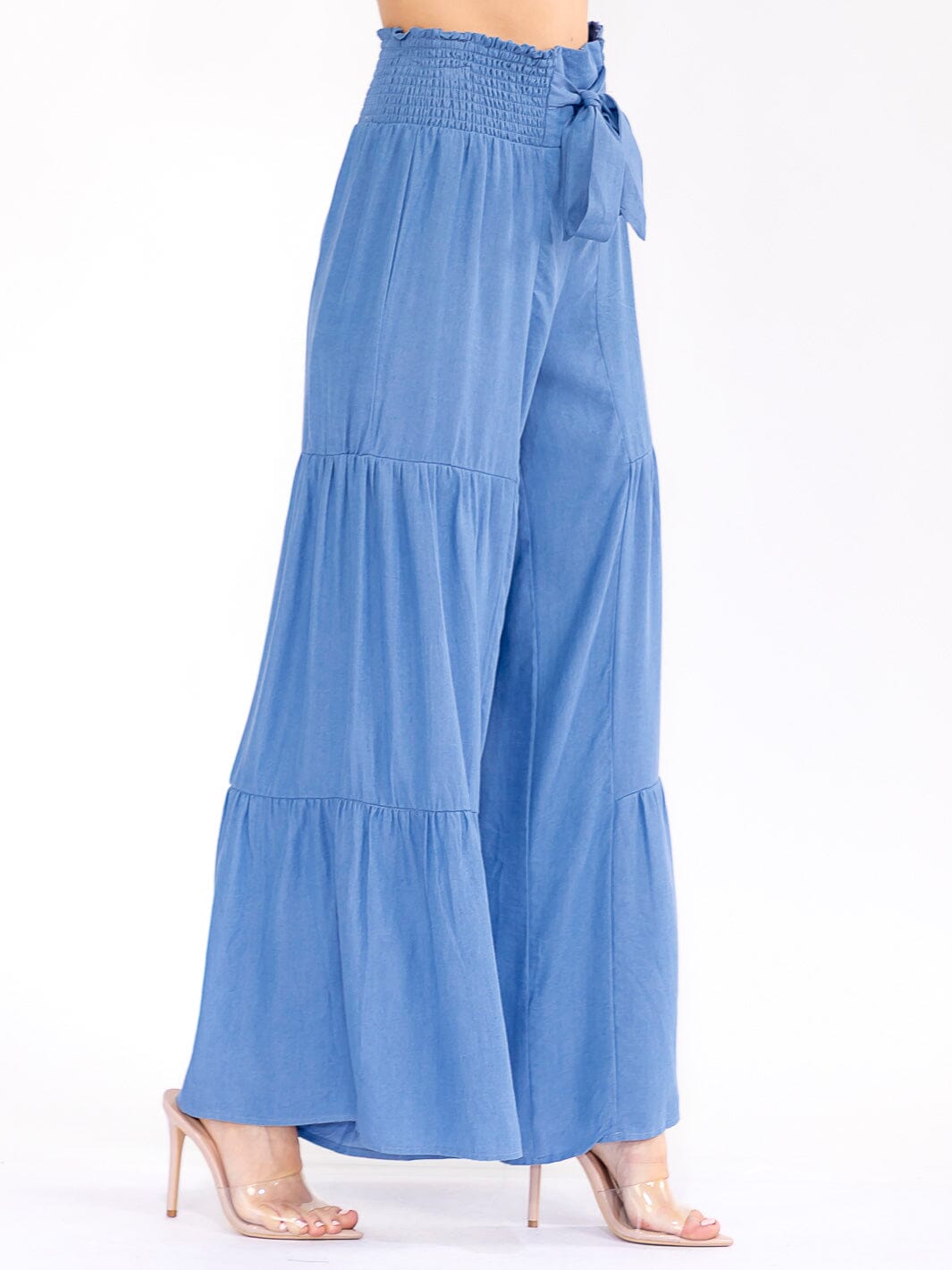 WOMEN'S ELASTIC WAIST SELF TIE WIDE LEG PALAZZO CHAMBRAY PANTS