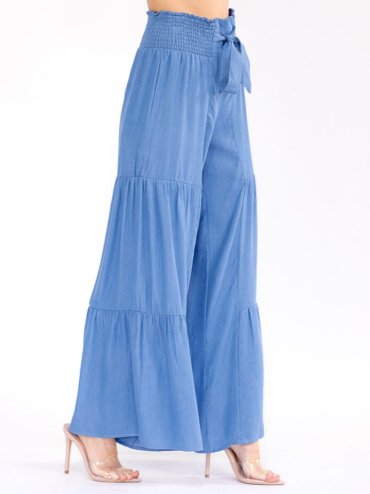WOMEN'S ELASTIC WAIST SELF TIE WIDE LEG PALAZZO CHAMBRAY PANTS
