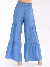 WOMEN'S ELASTIC WAIST SELF TIE WIDE LEG PALAZZO CHAMBRAY PANTS