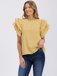 WOMEN'S SHORT RUFFLE SLEEVE TRIM DETAILED BLOUSE