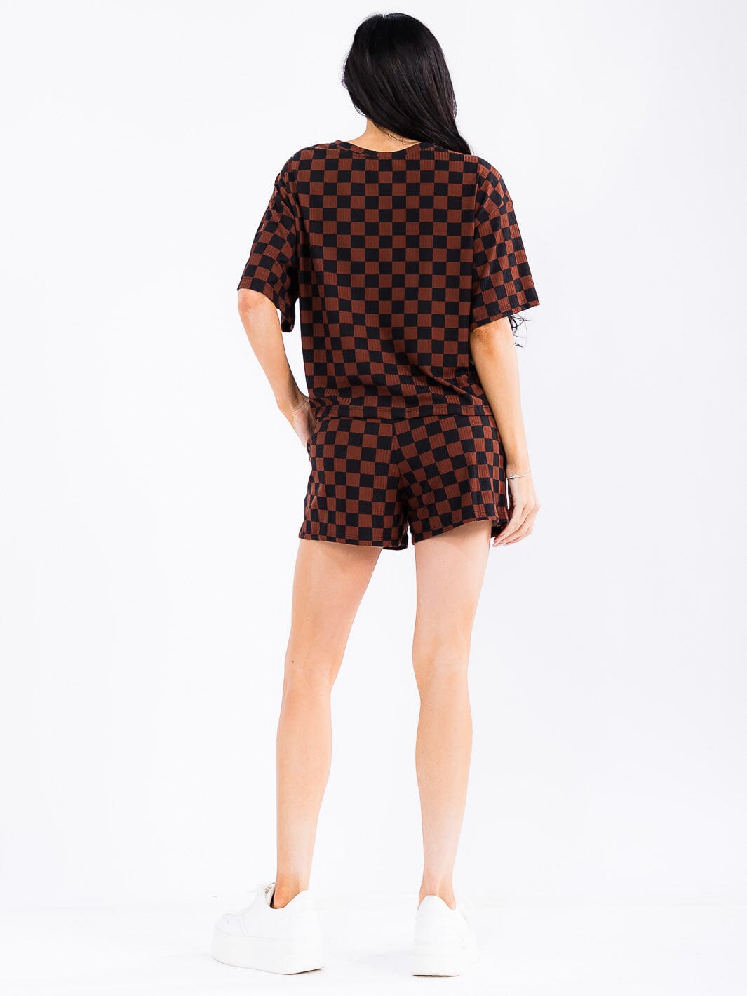 WOMEN'S SHORT SLEEVE TOP & ELASTIC WAIST SHORTS CHEKER COLORBLOCK 2PC. SET