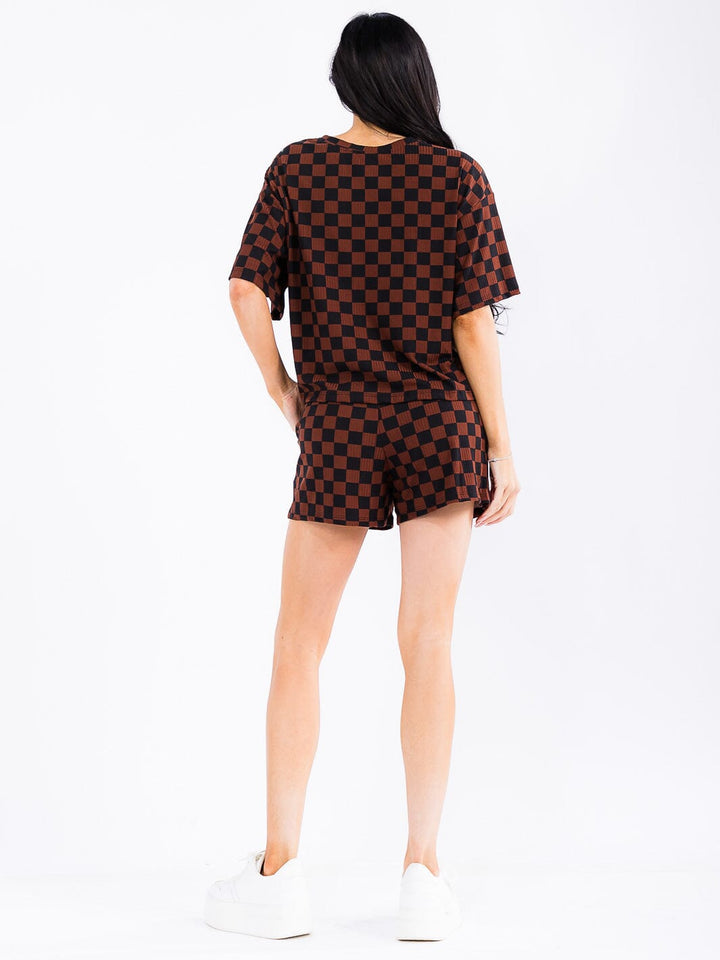 WOMEN'S SHORT SLEEVE TOP & ELASTIC WAIST SHORTS CHEKER COLORBLOCK 2PC. SET