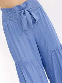 WOMEN'S ELASTIC WAIST SELF TIE WIDE LEG PALAZZO CHAMBRAY PANTS