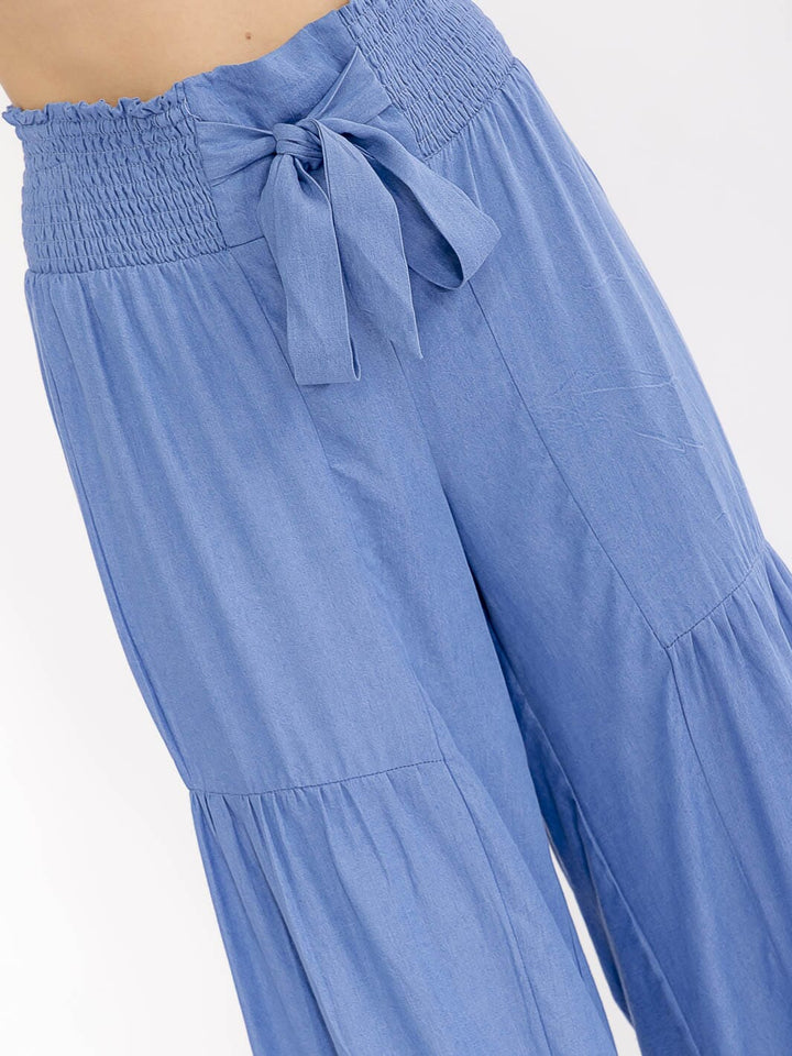 WOMEN'S ELASTIC WAIST SELF TIE WIDE LEG PALAZZO CHAMBRAY PANTS
