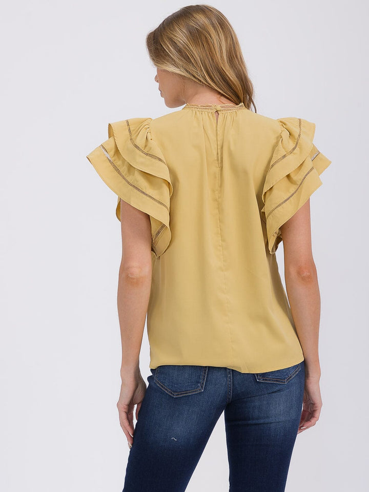 WOMEN'S SHORT RUFFLE SLEEVE TRIM DETAILED BLOUSE