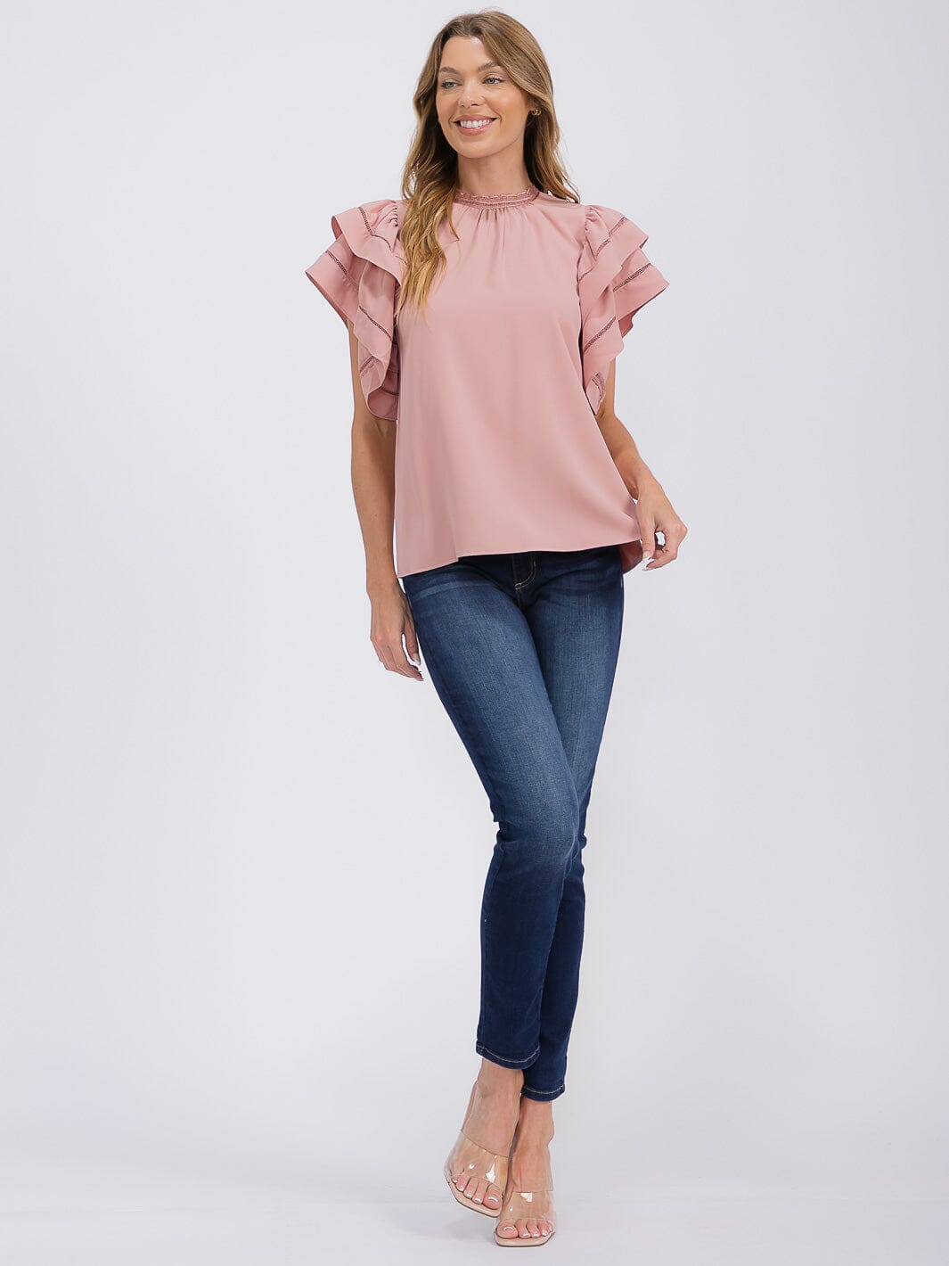 WOMEN'S SHORT RUFFLE SLEEVE TRIM DETAILED BLOUSE