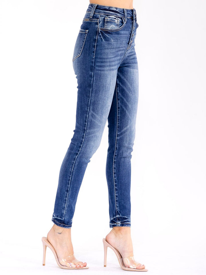 WOMEN'S BUTTON CLOSURE POCKETS WASHED SKINNY KANCAN JEANS