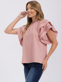 WOMEN'S SHORT RUFFLE SLEEVE TRIM DETAILED BLOUSE