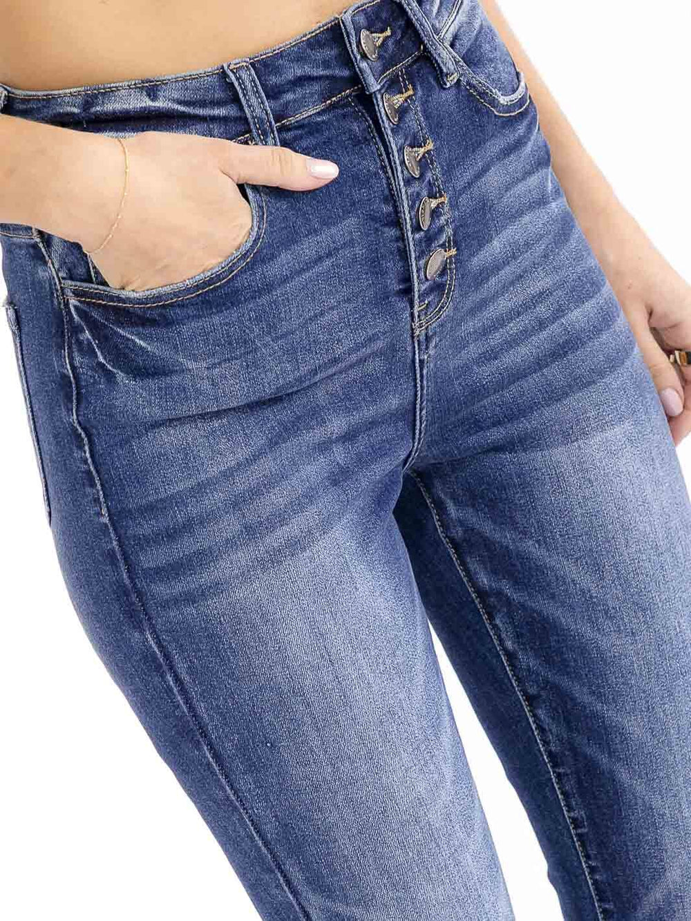 WOMEN'S BUTTON CLOSURE POCKETS WASHED SKINNY KANCAN JEANS