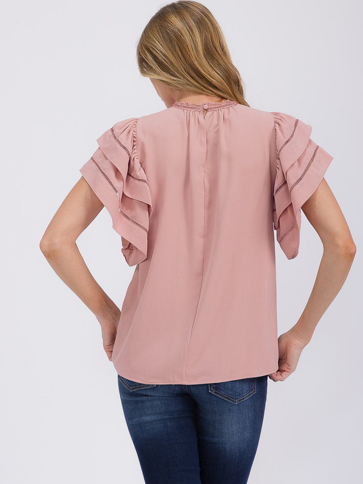 WOMEN'S SHORT RUFFLE SLEEVE TRIM DETAILED BLOUSE