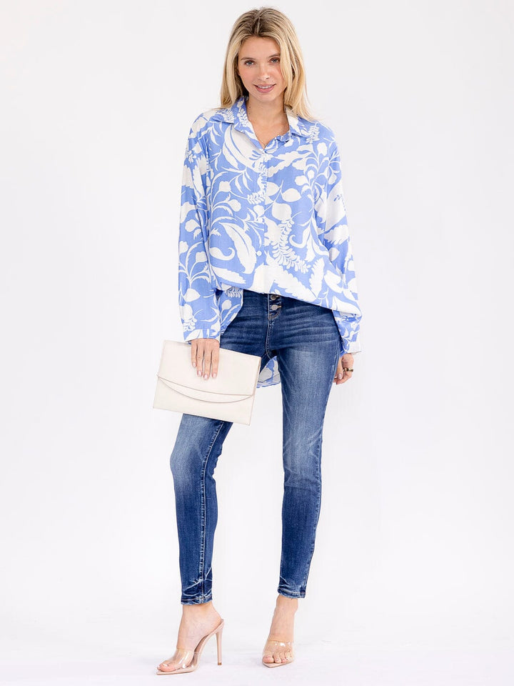 WOMEN'S LONG SLEEVE BUTTON UP HIGH-LOW PRINT BLOUSE