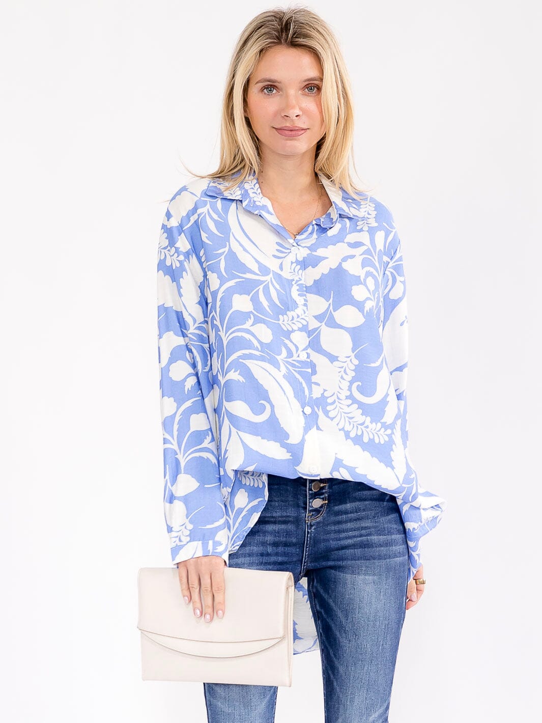 WOMEN'S LONG SLEEVE BUTTON UP HIGH-LOW PRINT BLOUSE
