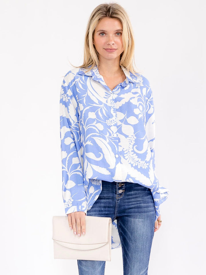 WOMEN'S LONG SLEEVE BUTTON UP HIGH-LOW PRINT BLOUSE