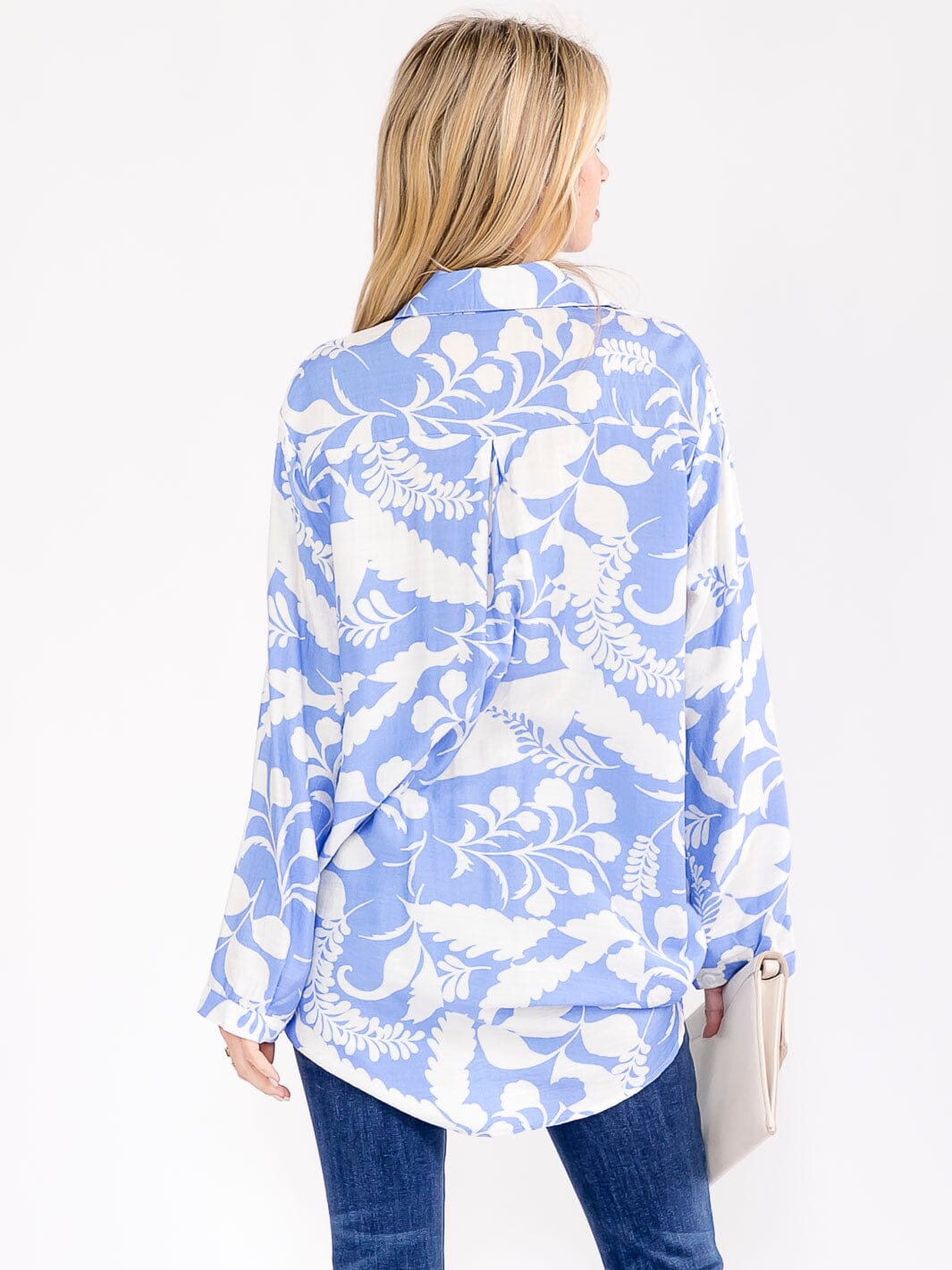 WOMEN'S LONG SLEEVE BUTTON UP HIGH-LOW PRINT BLOUSE