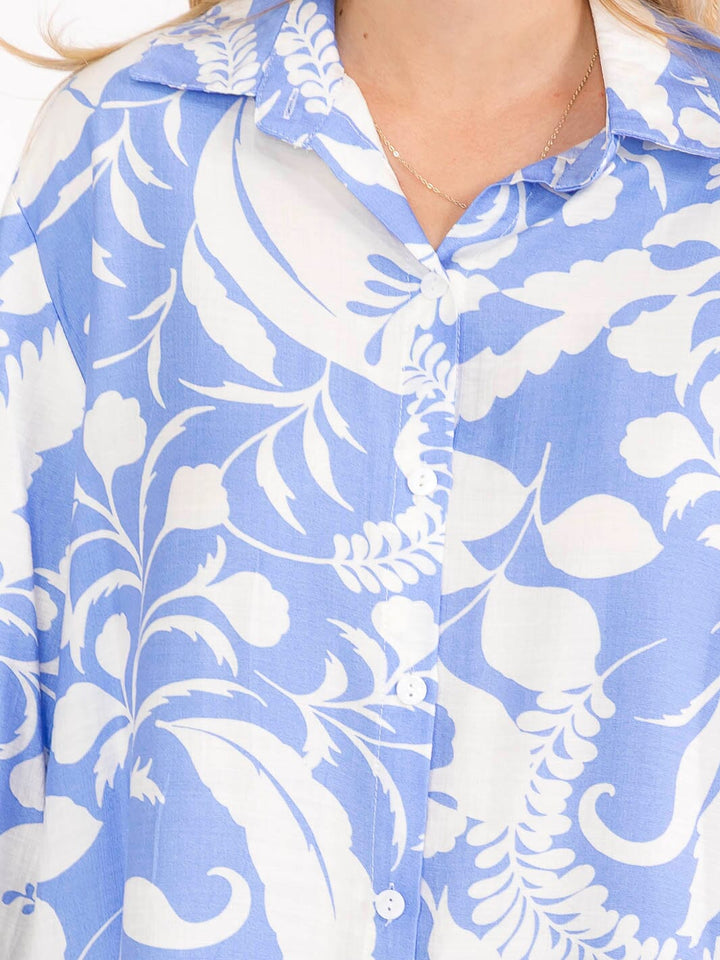 WOMEN'S LONG SLEEVE BUTTON UP HIGH-LOW PRINT BLOUSE