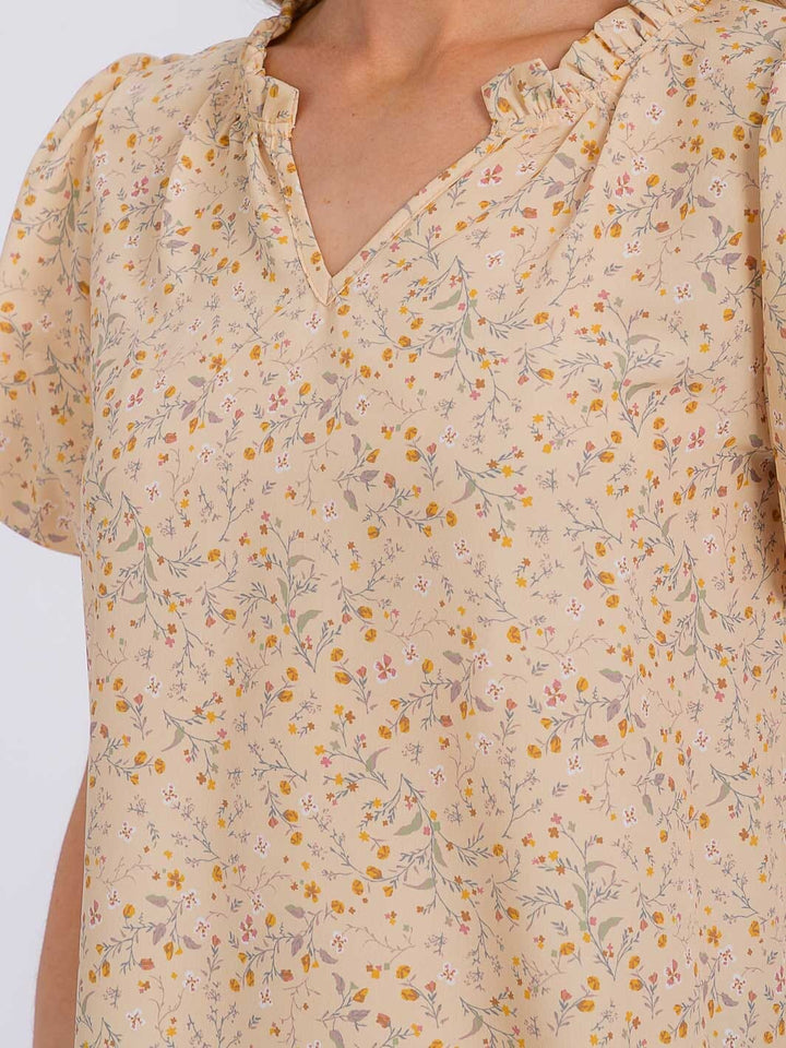 WOMEN'S SHORT PUFF SLEEVE V-NECK FLORAL BLOUSE