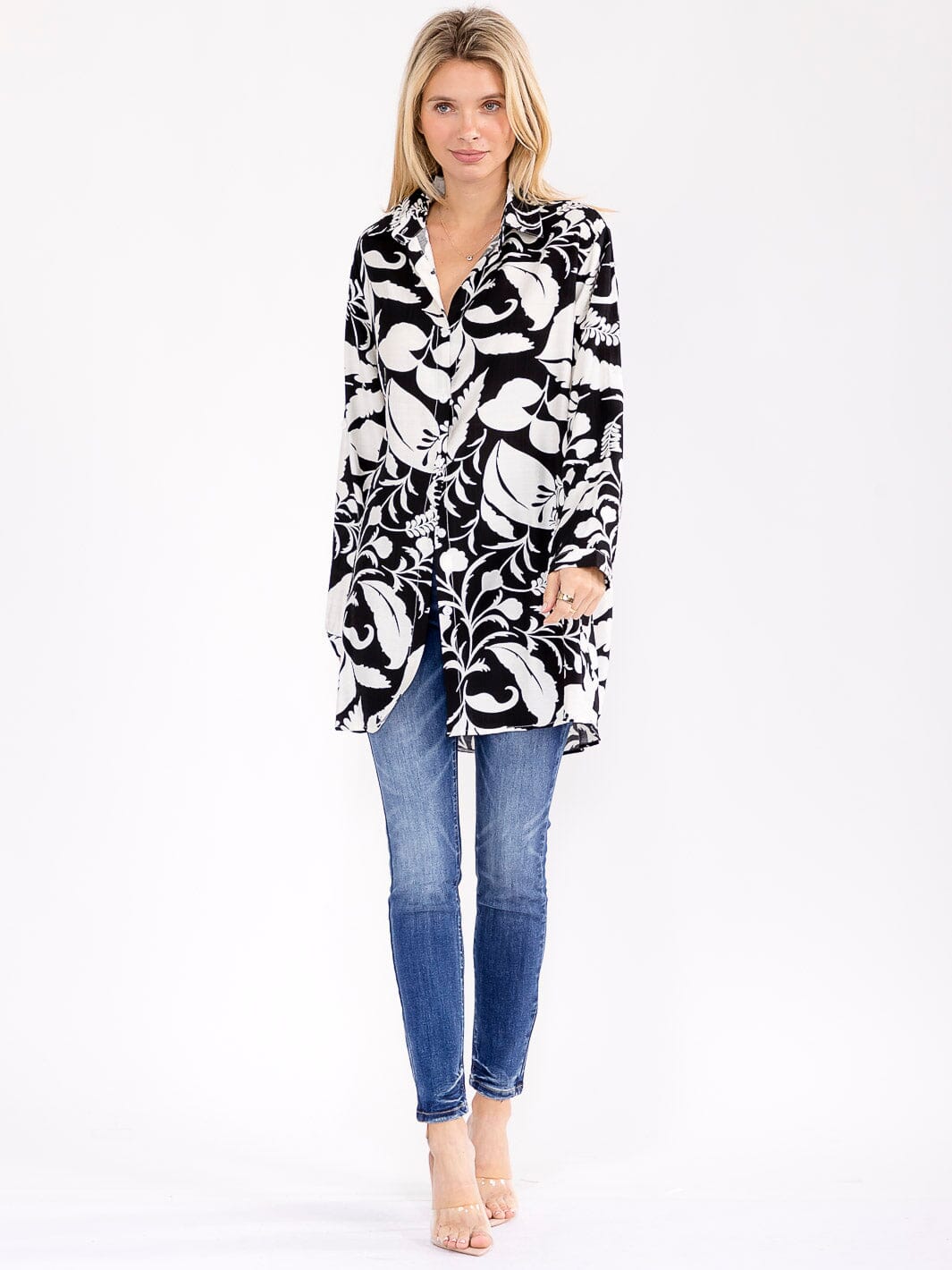 WOMEN'S LONG SLEEVE BUTTON UP HIGH-LOW PRINT BLOUSE