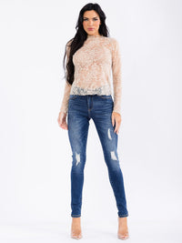 WOMEN'S LONG SLEEVE MOCK NECK FLORAL MESH TOP