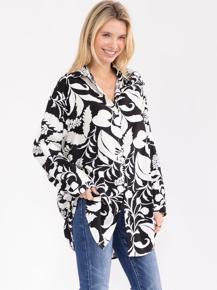 WOMEN'S LONG SLEEVE BUTTON UP HIGH-LOW PRINT BLOUSE