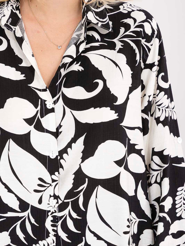 WOMEN'S LONG SLEEVE BUTTON UP HIGH-LOW PRINT BLOUSE