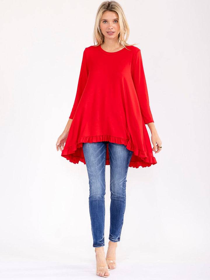 WOMEN'S 3/4 SLEEVES RUFFLE BOTTOM HEM TUNIC HIGH-LOW TOP