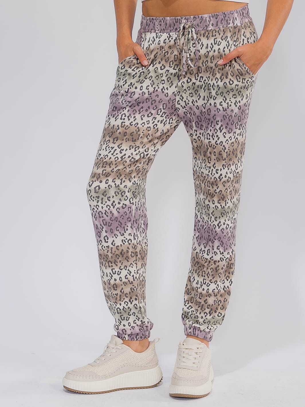 WOMEN'S ELASTIC WAIST FRONT POCKETS TIE DYE ANIMAL PRINT JOGGER PANTS