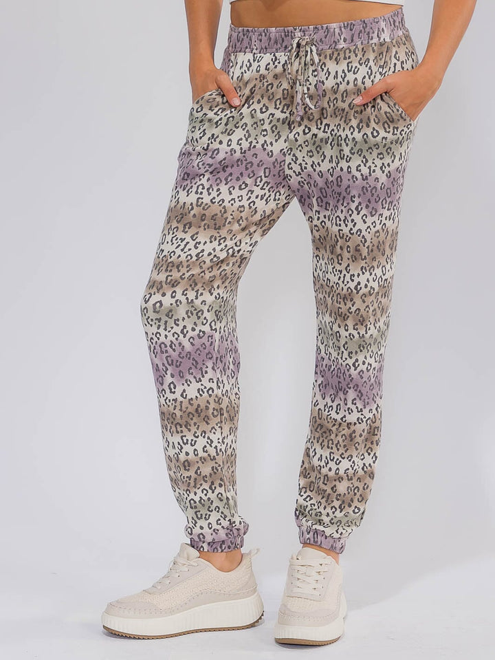 WOMEN'S ELASTIC WAIST FRONT POCKETS TIE DYE ANIMAL PRINT JOGGER PANTS