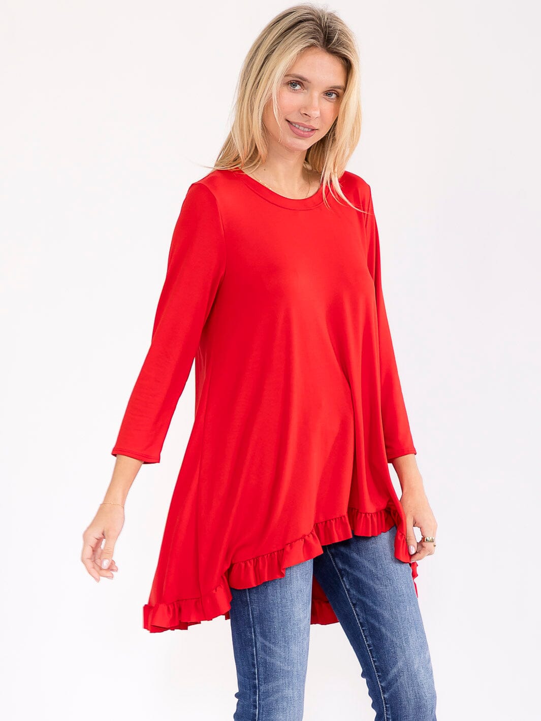 WOMEN'S 3/4 SLEEVES RUFFLE BOTTOM HEM TUNIC HIGH-LOW TOP