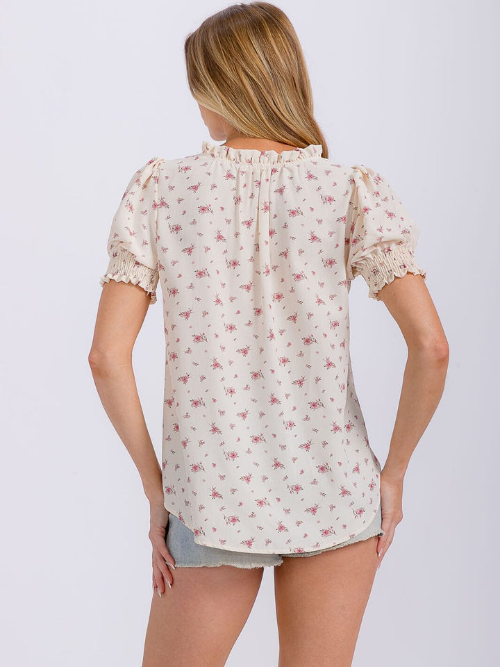 WOMEN'S SHORT PUFF SLEEVE V-NECK FLORAL BLOUSE