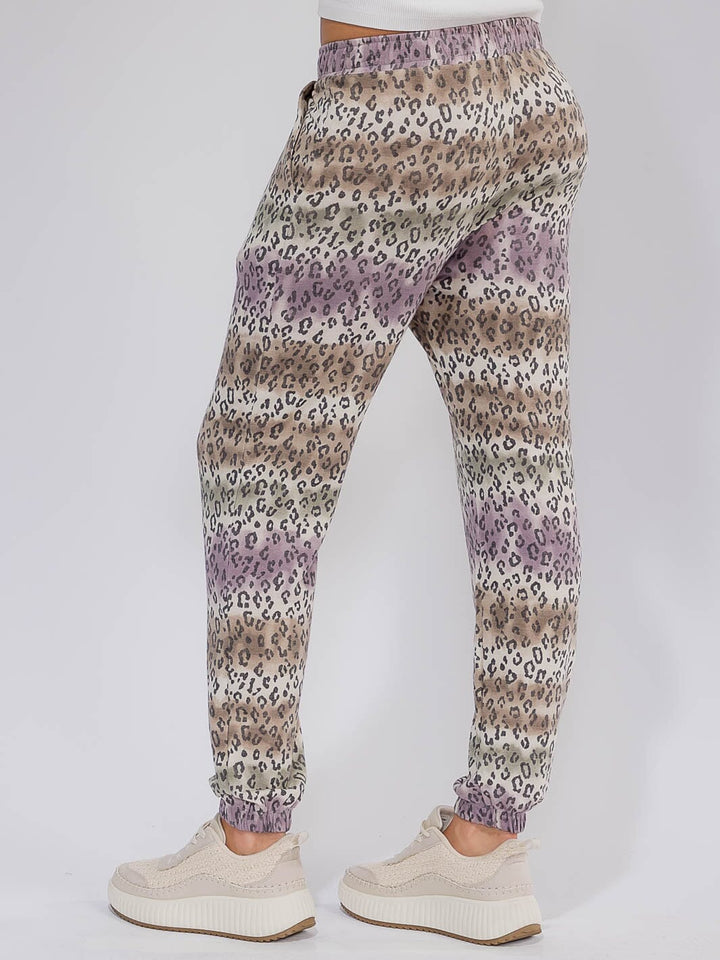 WOMEN'S ELASTIC WAIST FRONT POCKETS TIE DYE ANIMAL PRINT JOGGER PANTS