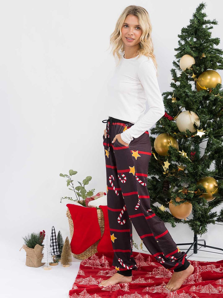 WOMEN'S ELASTIC WAIST FRONT POCKET SELF TIE HOLIDAY PRINT PANTS