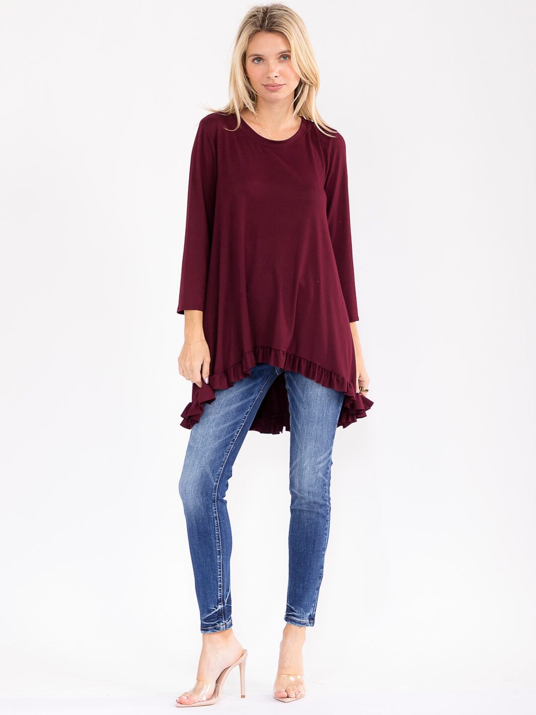 WOMEN'S 3/4 SLEEVES RUFFLE BOTTOM HEM TUNIC HIGH-LOW TOP