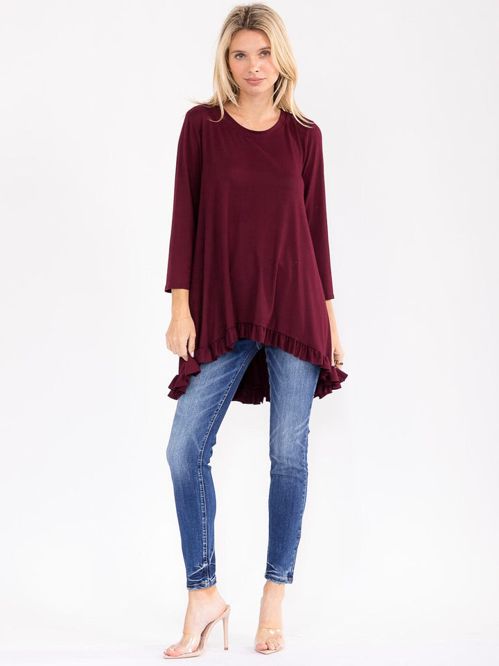WOMEN'S 3/4 SLEEVES RUFFLE BOTTOM HEM TUNIC HIGH-LOW TOP