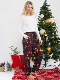 WOMEN'S ELASTIC WAIST FRONT POCKET SELF TIE HOLIDAY PRINT PANTS